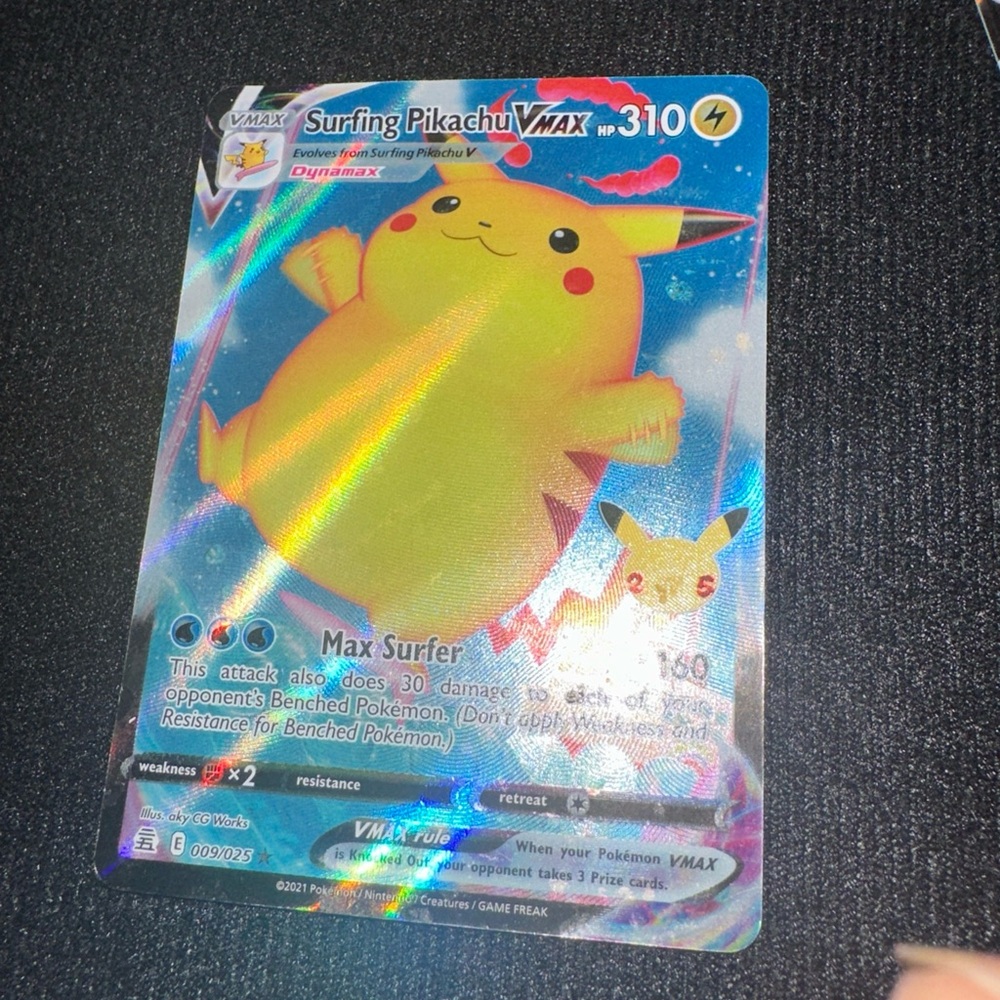 Pokemon Surfing Pikachu VMAX Card - Yellow and Blue